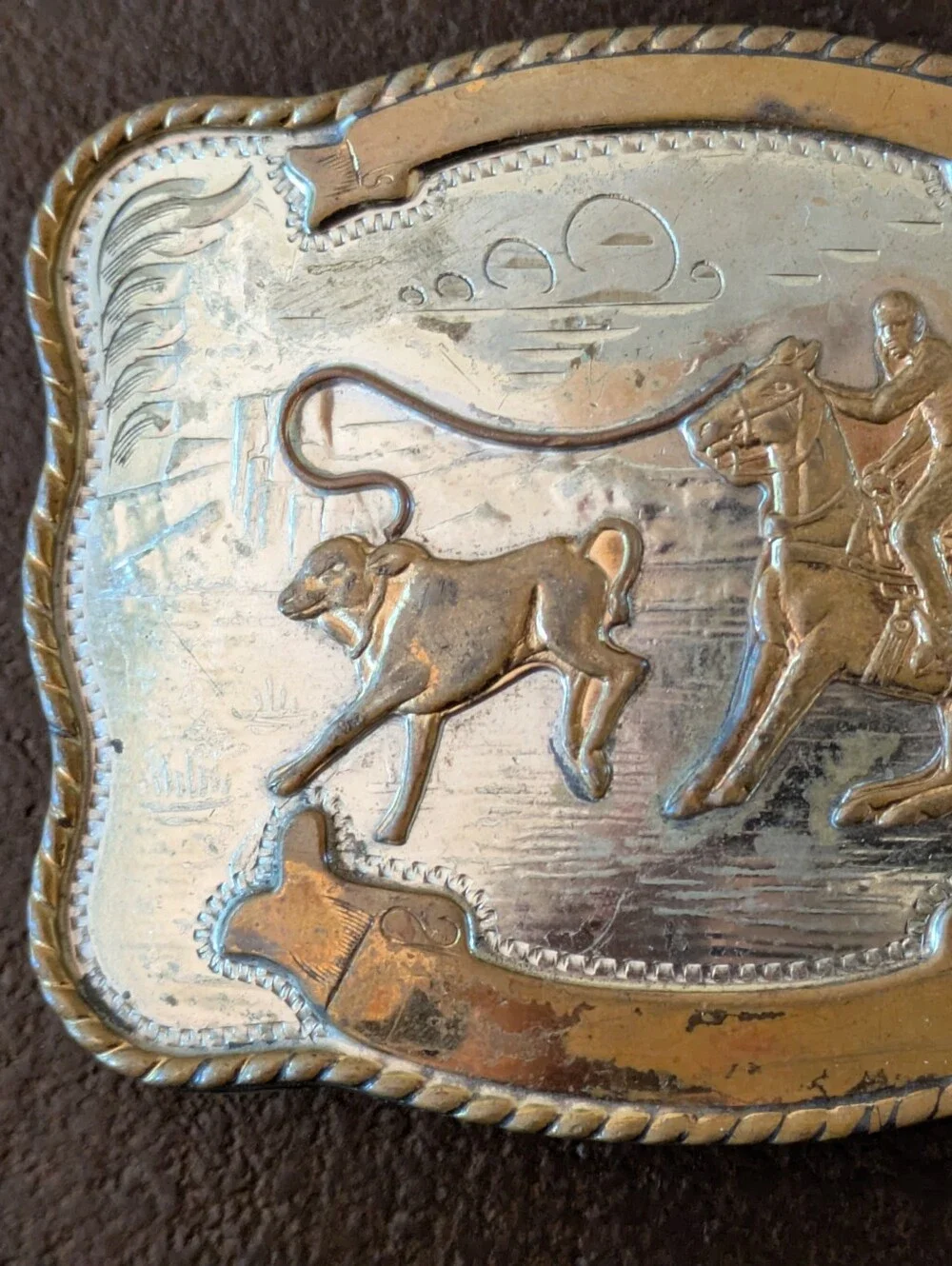 Vintage Silver And Brass Western Rodeo Calf Roping Belt Buckle
